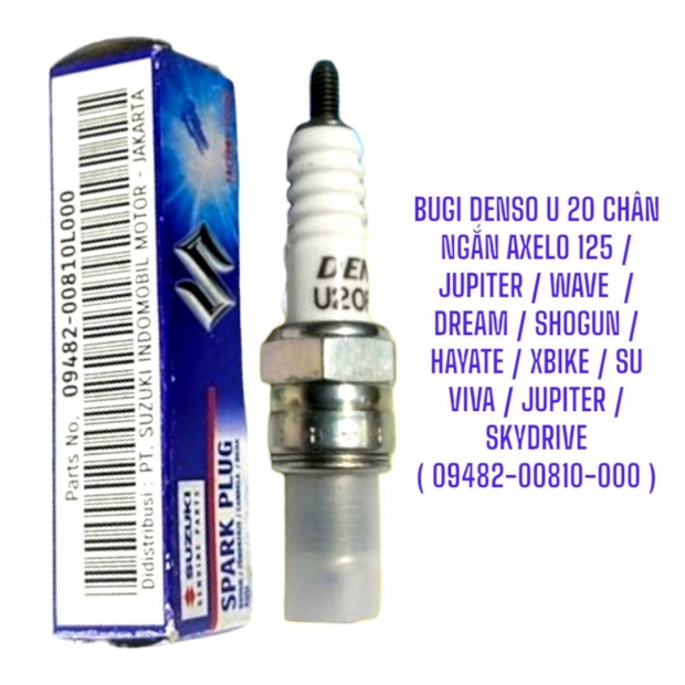 BUGI DENSO U20 CHÂN NGẮN AXELO 125 / JUPITER / WAVE / DREAM / SHOGUN / HAYATE / XBIKE / SU VIVA / JUPITER / SKYDRIVE ( 09482-00810-000 )